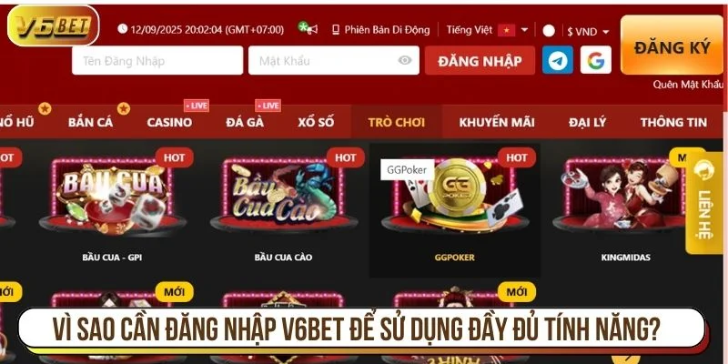 Đăng nhập V6BET giúp bạn truy cập đầy đủ tính năng của nhà cái